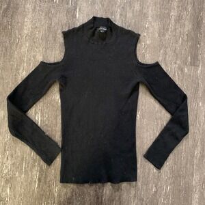 Ambiance Apparel Black Ribbed Mock Neck Cold Shoulder Long Sleeve Sweater Top S